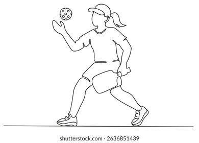 Silhouette of young sporty woman playing pickleball in continuous one line drawing isolated on white background.