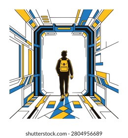 A silhouette of a young student with a backpack walks forward along a bright futuristic corridor inside a space station. The design features clean geometric lines with yellow and blue color accents.