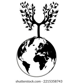 Silhouette of young tree with leaves on planet earth isolated on white. Symbol of ecological cleanliness. Vector design element.