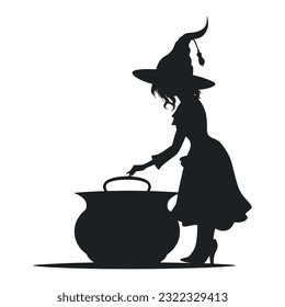 Silhouette of a young witch with a cauldron. Happy Halloween