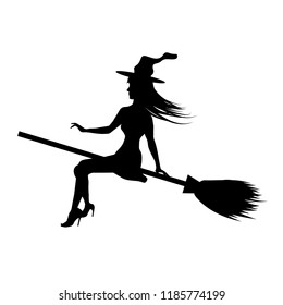 Silhouette young witch flying to broom isolated on white background. Vector illustration.