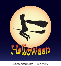 Silhouette of a young witch flying on broom. Holiday greeting "Happy Halloween"  Vector illustration. Silhouette of beautiful witch  flying on a broomstick on the background of the moon and the sky.