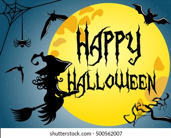 Silhouette of young witch flying on a broom against full moon with Happy Halloween text superimposed