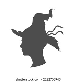 Silhouette of young witch head. Halloween holiday design element