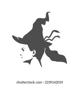 Silhouette of young witch head. Halloween holiday design element