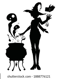 Silhouette of a young witch in a huge hat, she cooks a potion in a cauldron from which ghosts fly out, she has a magic book flying over her hand. 2d illustration