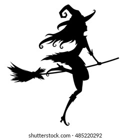 Silhouette of a young witch on a white background