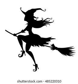 Silhouette of a young witch on a white background