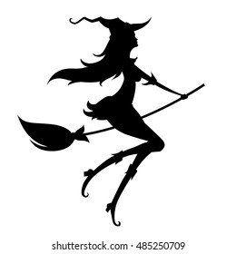 Silhouette of a young witch on a white background