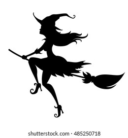 Silhouette of a young witch on a white background