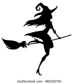 Silhouette of a young witch on a white background