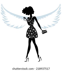 Silhouette of a Young Woman with Angel Wings, Wearing Shoes, Beads and Glamorous Women's Handbag .Vector. Illustration