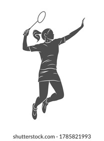 Silhouette young woman badminton player jumping with a racket on a white background. Vector illustration
