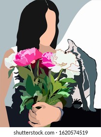 Silhouette of a young woman with a bouquet of flowers in her hands and with a cat. Vector illustration for printing on postcards, t-shirts, posters.