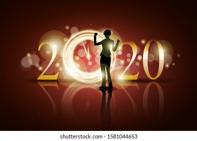 Silhouette of young woman cheerful  2020 happy new year. Conceptual image of freedom and success in New year.