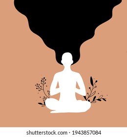 Silhouette of Young woman does yoga and fitness training. Haya live healthy. Cartoon character of woman doing yoga on flower and leaves background. Flat illustration