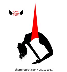 Silhouette of young woman doing yoga exercise. Anti gravity yoga pose. Black figure with red hammock. Stylish illustration for your design. Vector.