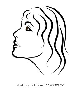 Silhouette of young woman. Female vector icon. Face profile view. Woman profile silhouette with long hair. Fashion girl for beauty salon design. Hair style icon. Vector illustration.