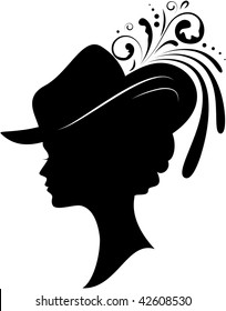 Silhouette of the young woman in a hat on a white background