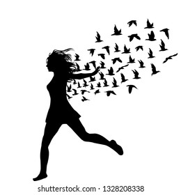 Silhouette of young woman jumping with birds flying from her, abstract illustration