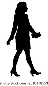 Silhueta de uma jovem mulher em um terno de escritório. Empresários, ilustração vetorial, cor preta, isolado no fundo branco