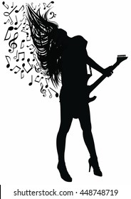 Silhouette of a young woman playing guitar 