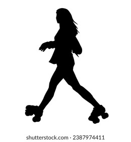 Silhouette of young woman in pose on roller blade. Silhouette of a slim female in action pose on roller wheels.