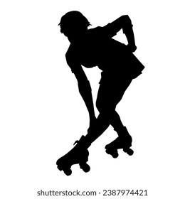 Silhouette of young woman in pose on roller blade. Silhouette of a slim female in action pose on roller wheels.