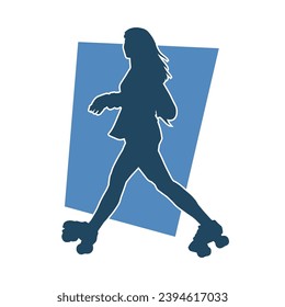 Silhouette of young woman in pose on roller blade. Silhouette of a slim female in action pose on roller wheels.