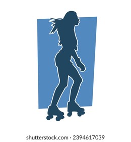 Silhouette of young woman in pose on roller blade. Silhouette of a slim female in action pose on roller wheels.