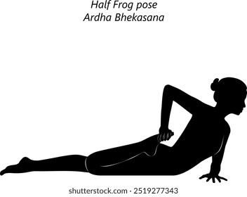 Silhouette of young woman practicing Ardha Bhekasana yoga pose. Half Frog pose. Intermediate Difficulty. Isolated vector illustration