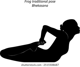 Silhouette of young woman practicing Bhekasana yoga pose. Frog tradidion pose. Intermediate Difficulty. Isolated vector illustration