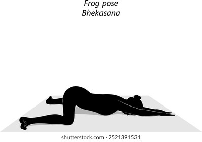 Silhouette of young woman practicing Bhekasana yoga pose. Frog pose. Intermediate Difficulty. Isolated vector illustration