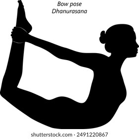 Silhouette of young woman practicing Dhanurasana yoga pose. Bow pose. Intermediate Difficulty. Isolated vector illustration