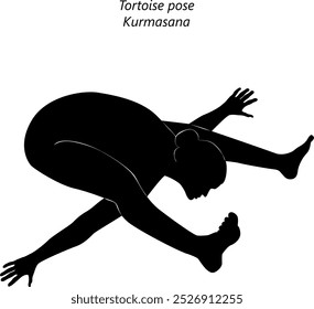 Silhouette of young woman practicing Kurmasana yoga pose. Tortoise pose. Intermediate Difficulty. Isolated vector illustration