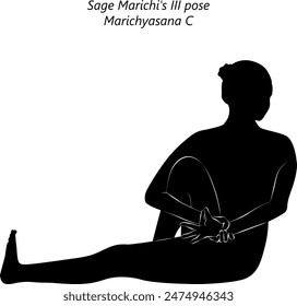 Silhouette of young woman practicing Marichyasana C yoga pose. Sage Marichi III pose. Intermediate Difficulty. Isolated vector illustration