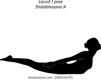 Silhouette of young woman practicing Shalabhasana A yoga pose. Locust I pose. Intermediate Difficulty. Isolated vector illustration