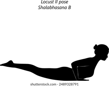 Silhouette of young woman practicing Shalabhasana B yoga pose. Locust II pose. Intermediate Difficulty. Isolated vector illustration