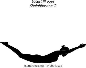 Silhouette of young woman practicing Shalabhasana C yoga pose. Locust III pose. Intermediate Difficulty. Isolated vector illustration