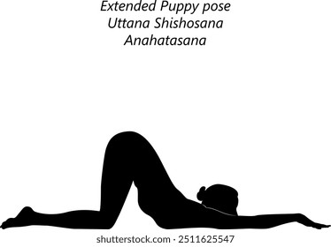 Silhouette of young woman practicing Uttana Shishosana yoga pose. Anahatasana. Extended Puppy pose.  Isolated vector illustration