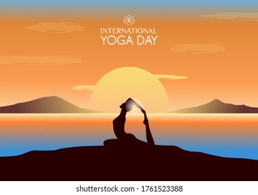 Silhouette young woman practicing yoga on the mountain at sunset twilight sky, vector illustration