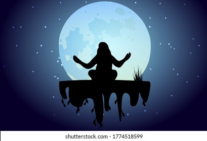 Silhouette of a young woman practicing yoga against the background of the night sky and the big moon. Soaring island.Can be used for travel or safari banner, poster design, desktop.