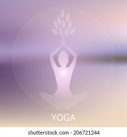 Silhouette young woman practicing yoga at blurred vector backround. EPS10