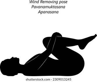 Silhouette of young woman practicing yoga, doing Wind Removing or Wind Relieving pose. Pavanamuktasana. Apanasana. Supine and Forward Bend. Vector illustration isolated on transparent background.