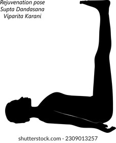 Silhouette of young woman practicing yoga, doing Rejuvenation pose or Supine Staff pose. Supta Dandasana or Viparita Karani. Supine. Balancing. Vector illustration isolated on transparent background.