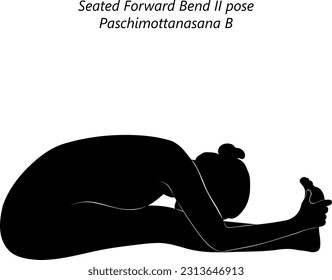 Silhouette of young woman practicing yoga, doing Seated Forward Bend 2 pose or Intense West Stretch. Paschimottanasana B. Seated. Forward Bend. Vector illustration isolated on transparent background.
