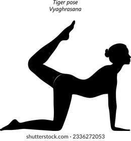 Silhouette der jungen Frau, die Yoga praktiziert, Tiger Pose. Vyaghrasana. Unterstützung für den Arm und Rückbiegung. Anfänger.  Einzige Vektorgrafik.