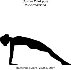 Silhouette der jungen Frau, die Yoga praktiziert, indem sie Aufwärtsplank oder Reverse Plank macht. Pantoletten-Pose. Purvottanasana. Unterstützung für den Arm und Rückbiegung. Anfänger.  Einzige Vektorgrafik.