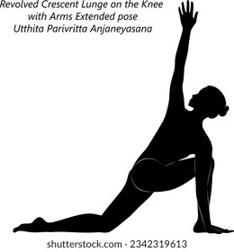 Silhouette of young woman practicing yoga, doing Revolved Crescent Lunge on the Knee with Arms Extended pose. Utthita Parivritta Anjaneyasana. Standing. Intermediate. Isolated vector illustration.