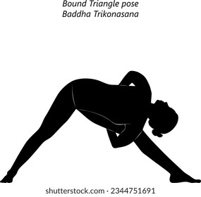 Silhouette of young woman practicing yoga, doing Bound Triangle posture. Baddha Trikonasana. Standing and Lateral Bend. Intermediate. Isolated vector illustration.